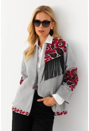 Kadın Gri Nakışlı Kaşe Ceket MQS5563