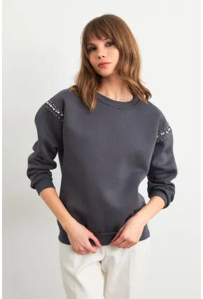 Kadın Gri Omuzları İnci Detaylı Sweatshirt MDY1424