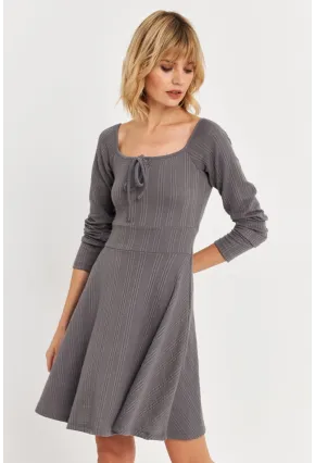 Kadın Gri Önü Bağlamalı Mini Elbise TF59