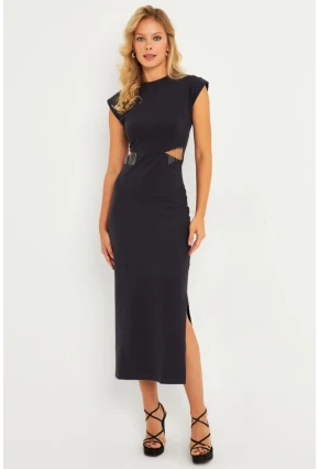 Kadın Gri Pencereli Aksesuarlı Midi Elbise YLE22