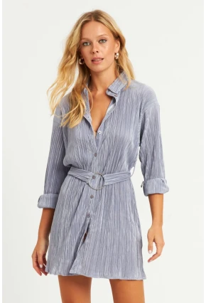 Kadın Gri Piliseli Kemerli Mini Elbise TW70124-90