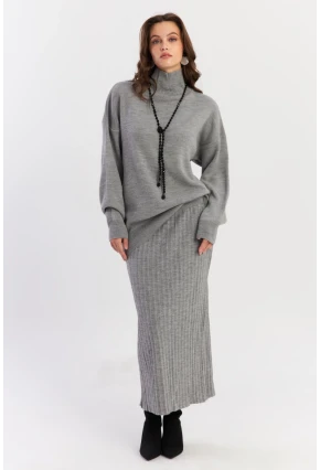 Kadın Gri Plili Alt Üst Triko Takım SF2554