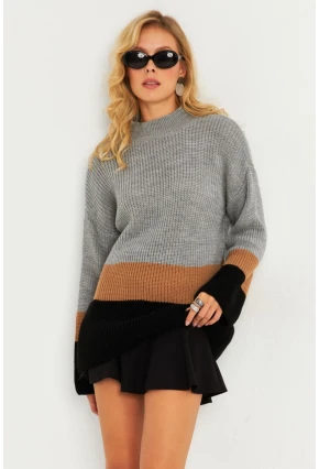 Kadın Gri Renk Bloklu Kazak YV277