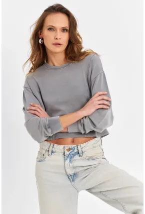 Kadın Gri Salaş Crop Sweatshirt ZH08