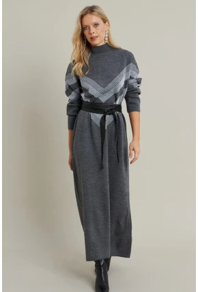 Kadın Gri Simli Maxi Triko Elbise MTC3215