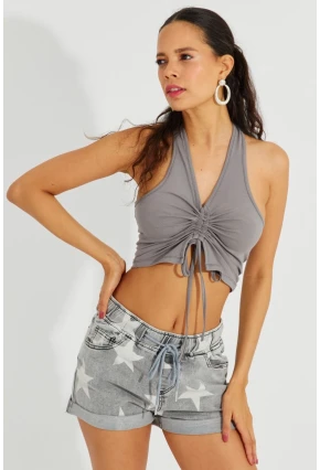 Kadın Gri Sırtı Açık Crop Bluz B2697