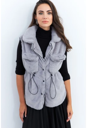 Kadın Gri Suni Kürk Cepli Yelek MK66