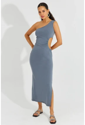 Kadın Gri Tek Omuz Yırtmaçlı Maxi Elbise B2629