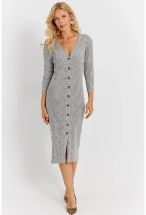 Kadın Gri Triko Midi Gömlek Elbise YV274