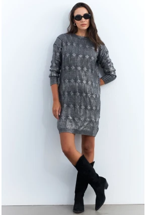 Kadın Gri Varaklı Triko Midi Elbise NAR446