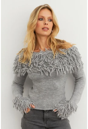 Kadın Gri Yakası Sakallı Madonna Bluz KZ542