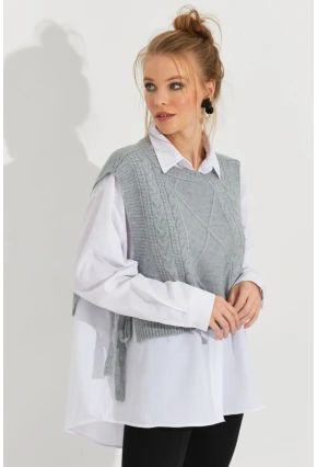 Kadın Gri Yanları Bağlamalı Süveter YV210