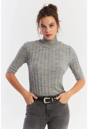 Kadın Gri Yarım Balıkçı Triko Bluz YV287