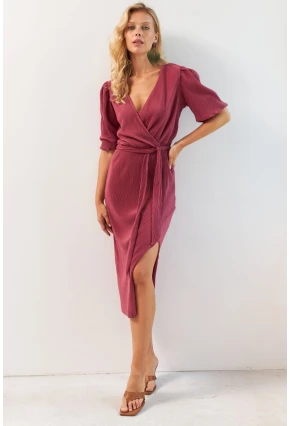 Kadın Gül Kurusu Balon Kol Kruvaze Midi Elbise YLE616