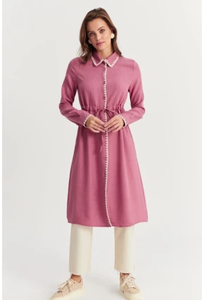 Kadın Gül Kurusu Garnili Gömlek Midi Elbise MASF10