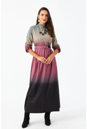 Kadın Gül Kurusu Kemerli Maxi Elbise MHAD4974