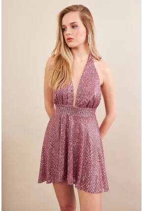 Kadın Gül Kurusu Sırtı Açık Payetli Astarlı Mini Elbise DCF046