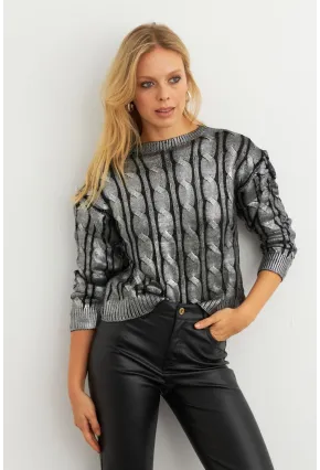 Kadın Gümüş Rengi Saç Örgülü Vatkalı Triko Bluz MRM618