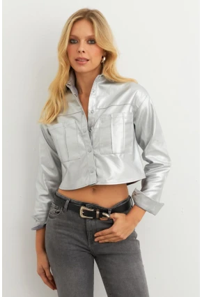 Kadın Gümüş Rengi Varaklı Cropped Ceket KAM302