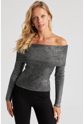 Kadın Gümüş Rengi Varaklı Madonna Triko Bluz SF2523