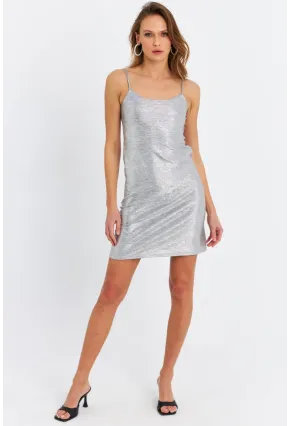 Kadın Gümüş Rengi Varaklı Mini Elbise RSP1054