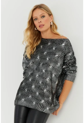 Kadın Gümüş Rengi Varaklı Triko Kazak SF2533