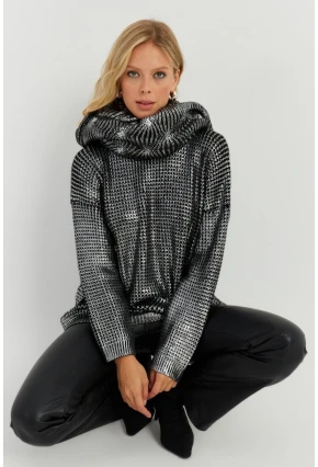 Kadın Gümüş Rengi Varaklı Triko Kazak SF2534