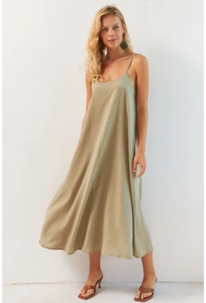 Kadın Haki Ayarlanabilir Askılı Midi Keten Elbise DMR355