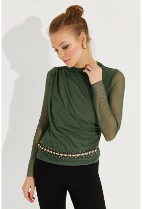 Kadın Haki Büzgülü Drapeli Tül Bluz LPP1244
