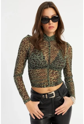 Kadın Haki Büzgülü Leopar Tül Bluz AYD379