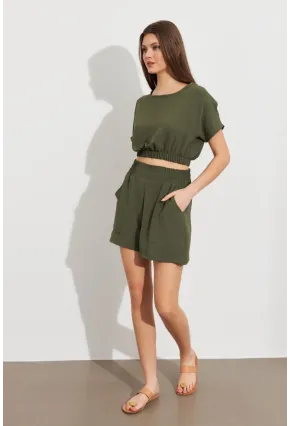 Kadın Haki Crop Şort Takım Q1014
