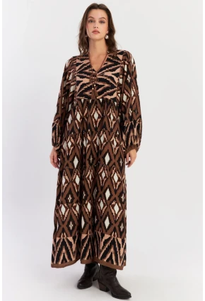 Kadın Haki Desenli Dokuma Maxi Elbise ALO235