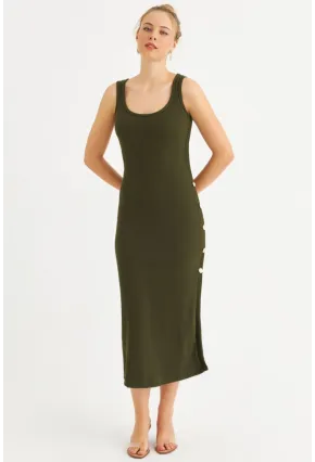 Kadın Haki Düğme Detaylı Kaşkorse Midi Elbise EY2837