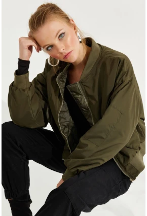 Kadın Haki Fermuarlı Bomber Mont QRS8367