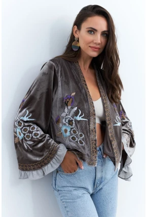 Kadın Haki İspanyol Kol Nakışlı Kadife Ceket QS5577