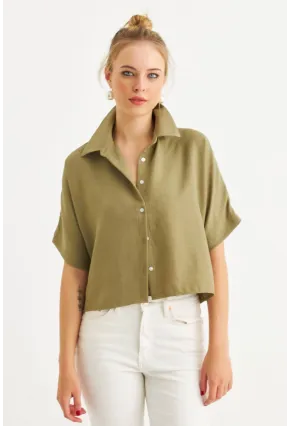 Kadın Haki Kısa Kollu Crop Gömlek CNG117