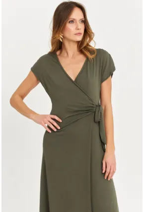 Kadın Haki Kruvaze Midi Elbise EY3044