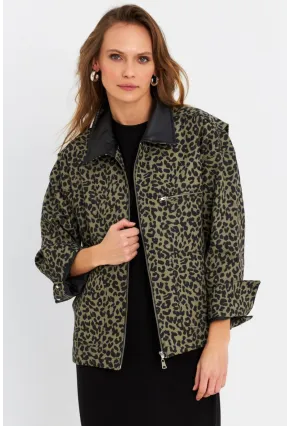 Kadın Haki Leopar Denim Ceket MELT1174