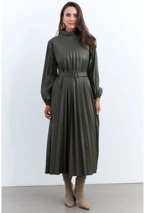 Kadın Haki Pileli Kemerli Maxi Elbise MALZ99