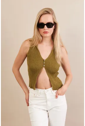 Kadın Haki Polo Yaka Yumoş Yelek ZH050