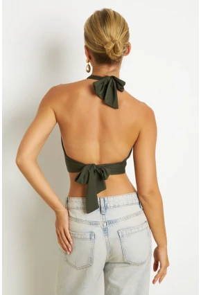 Kadın Haki Sırt Ve Boyun Bağlamalı Bluz EY1472