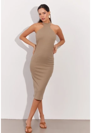 Kadın Haki Sırtı Açık Halter Midi Elbise OW138