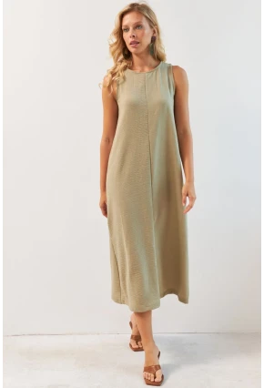 Kadın Haki Sırtı Düğmeli Midi Keten Elbise DMR353