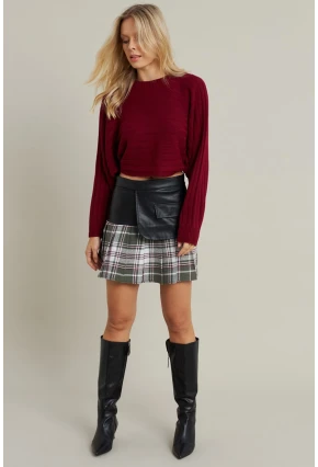 Kadın Haki-Siyah Kazayağı Suni Deri Mini Etek NH93