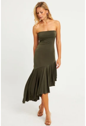 Kadın Haki Straplez Asimetrik Midi Elbise DMR337
