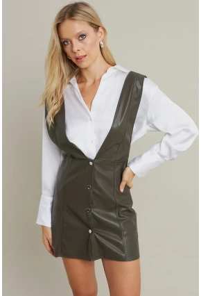 Kadın Haki Suni Deri Mini Elbise NH796