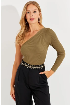 Kadın Haki Tek Omuz Triko Bluz YV204