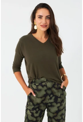 Kadın Haki V Yaka Bluz RX446
