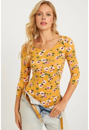 Kadın Hardal Çiçek Desenli Çıtçıtlı Body RK40