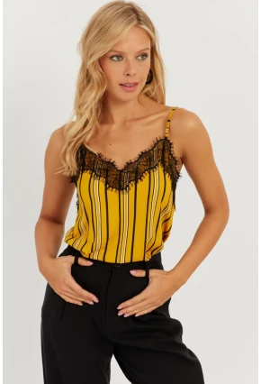 Kadın Hardal Dantelli Askılı Bluz AYD297